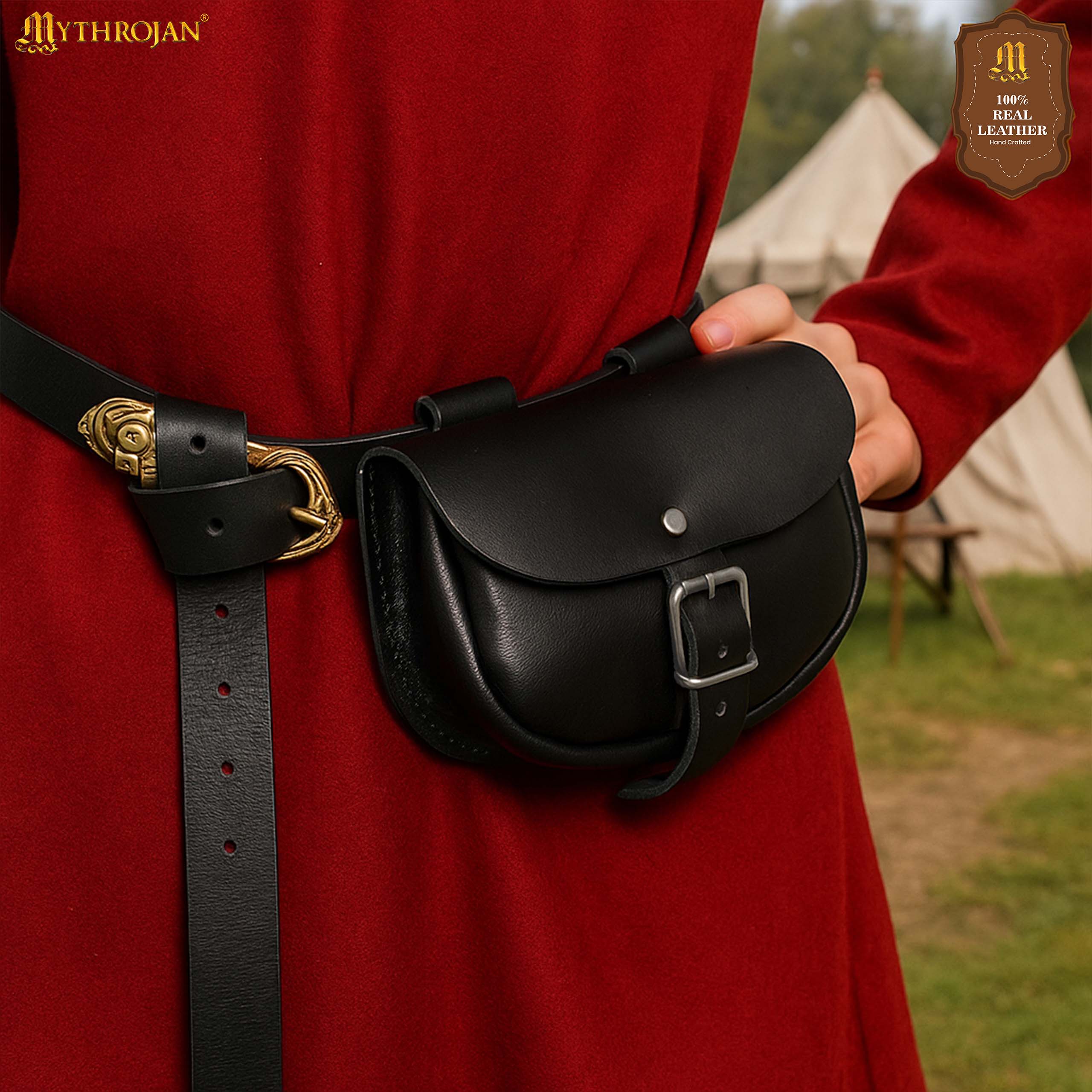 Mythrojan “ The Medieval Burglar ” Leather Bag, Ideal for SCA LARP Reenactment &amp; Ren fair - Full Grain Leather, Black 4.7 ” ×6.2 ”