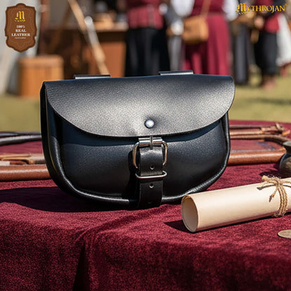 Mythrojan “ The Medieval Burglar ” Leather Bag, Ideal for SCA LARP Reenactment &amp; Ren fair - Full Grain Leather, Black 4.7 ” ×6.2 ”