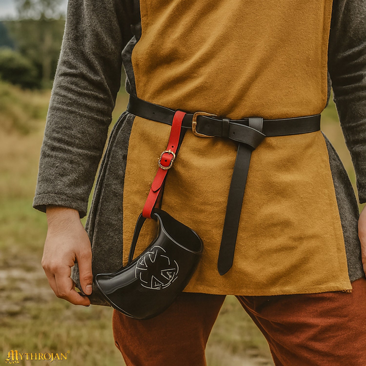 Mythrojan Tankard Leather Strap with Solid Brass Buckle, Ideal for Horn Tankard and Mugs, LARP SCA Medieval Renaissance Knight Viking Reenactment, Red, 15.3”×0.7”