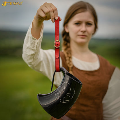 Mythrojan Tankard Leather Strap with Solid Brass Buckle, Ideal for Horn Tankard and Mugs, LARP SCA Medieval Renaissance Knight Viking Reenactment, Red, 15.3”×0.7”