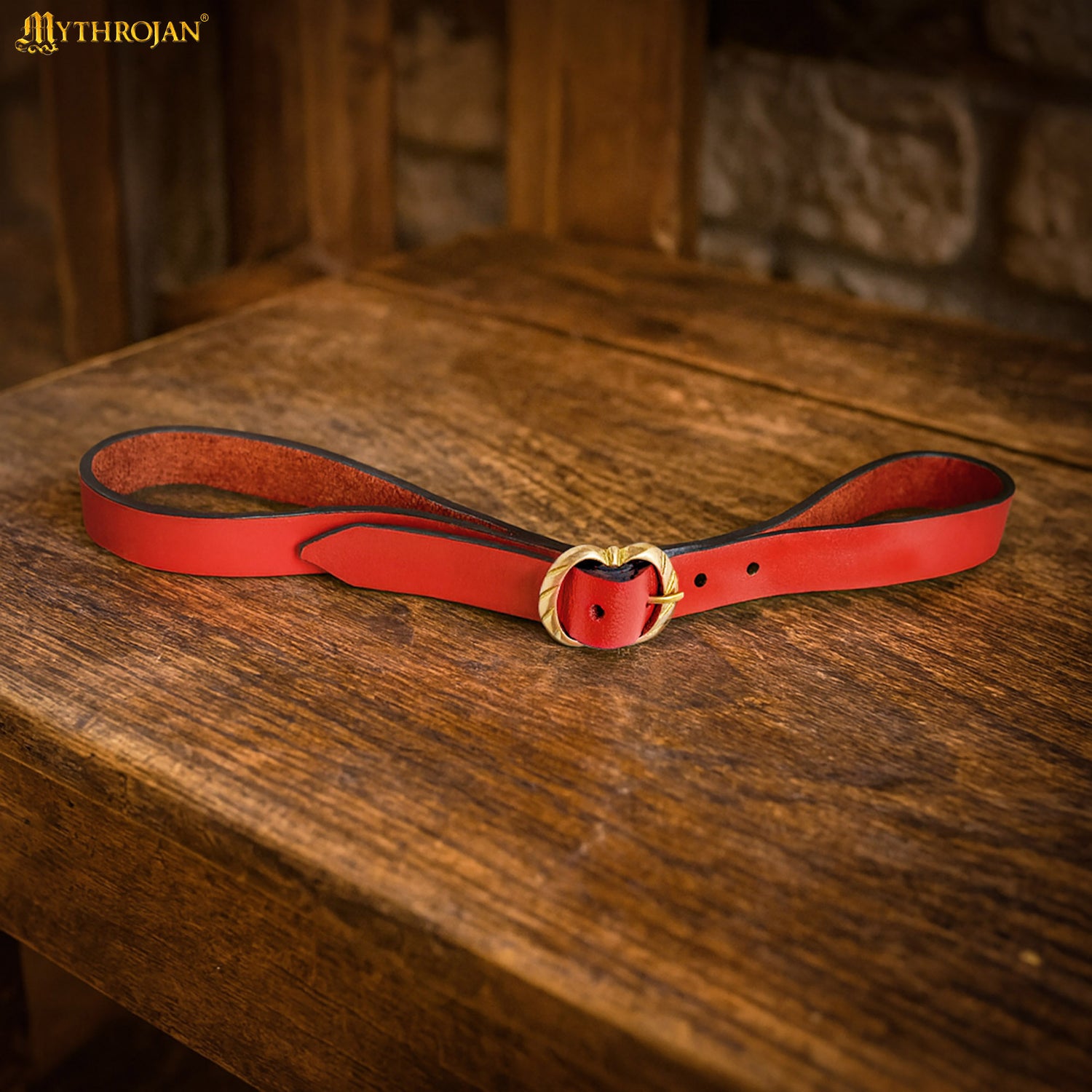 Mythrojan Tankard Leather Strap with Solid Brass Buckle, Ideal for Horn Tankard and Mugs, LARP SCA Medieval Renaissance Knight Viking Reenactment, Red, 15.3”×0.7”