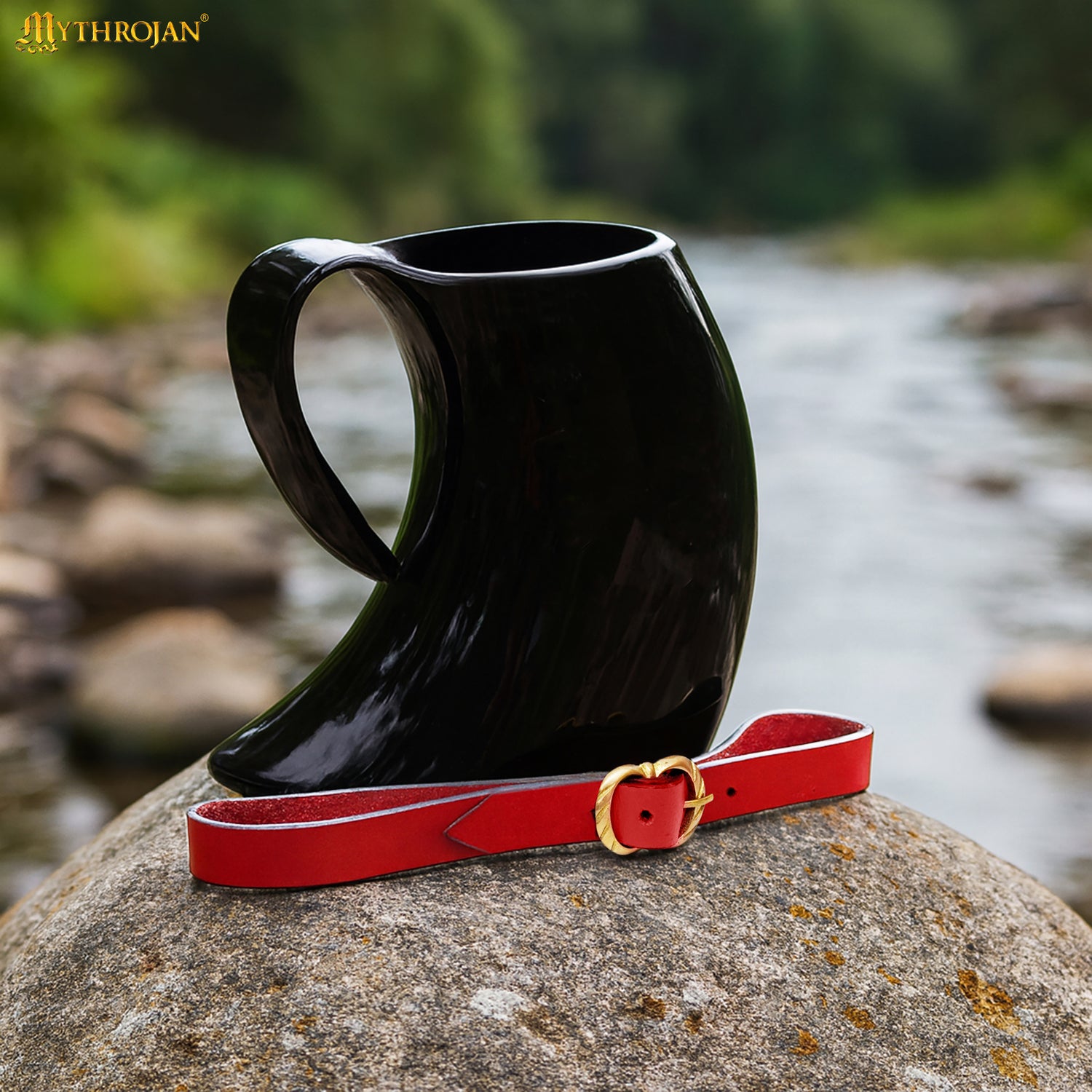 Mythrojan Tankard Leather Strap with Solid Brass Buckle, Ideal for Horn Tankard and Mugs, LARP SCA Medieval Renaissance Knight Viking Reenactment, Red, 15.3”×0.7”