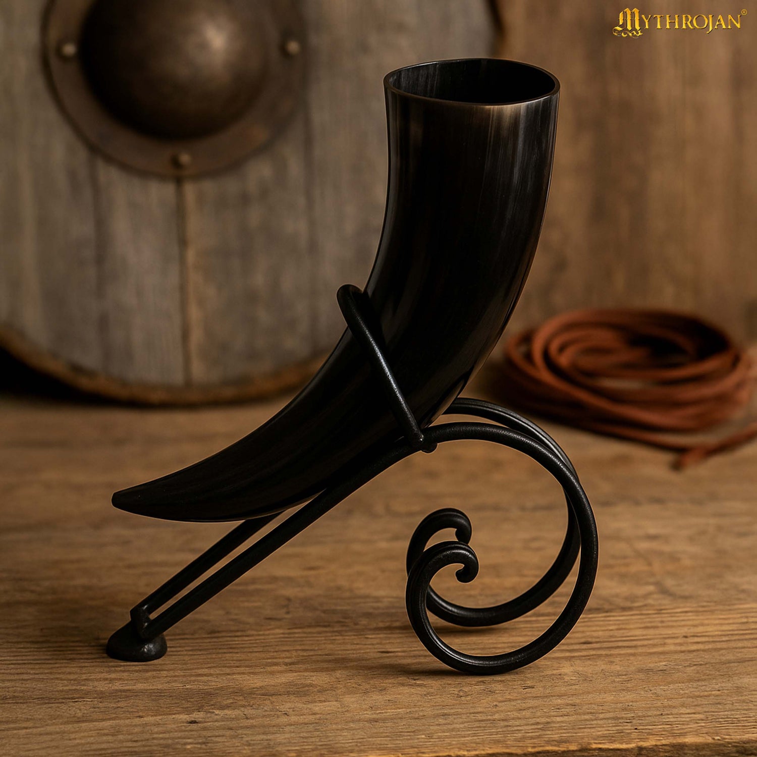 Mythrojan Hand Forged Drinking Ale Horn Rack Twisted Iron Ale Mead Horn Stand Medieval &amp; Viking - Length 8.5&quot; x Height 5.5&quot;