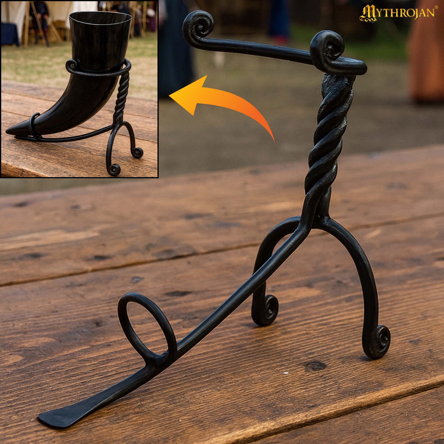 Mythrojan Hand Forged Drinking Ale Horn Rack Twisted Iron Ale Mead Horn Stand Medieval &amp; Viking - Classic