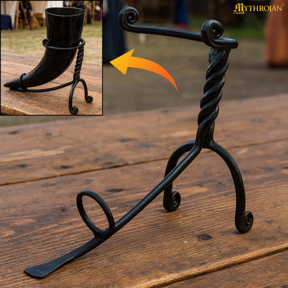 Mythrojan Hand Forged Drinking Ale Horn Rack Twisted Iron Ale Mead Horn Stand Medieval &amp; Viking - Classic