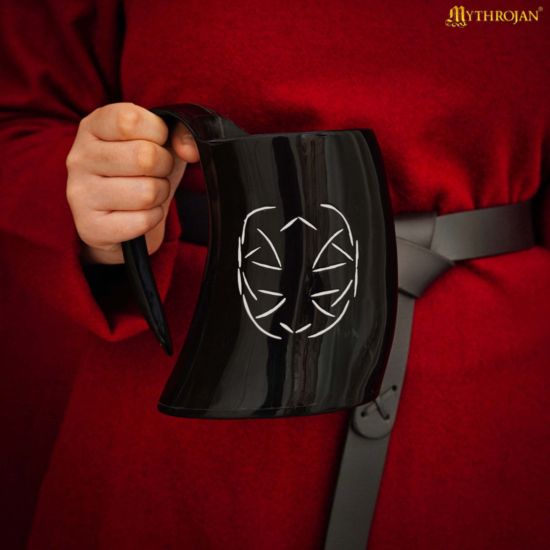 Mythrojan Tumbler Viking Drinking Cup with Handle &amp; Medieval Buckle Renaissance with Leather Strap - Celtic Father Knot