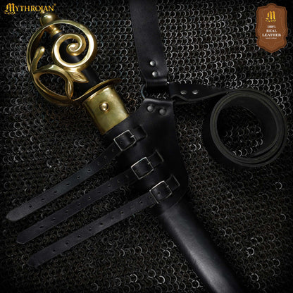 Mythrojan Baldric Leather Sword Belt Medieval Dagger Holster – Right Handed Black