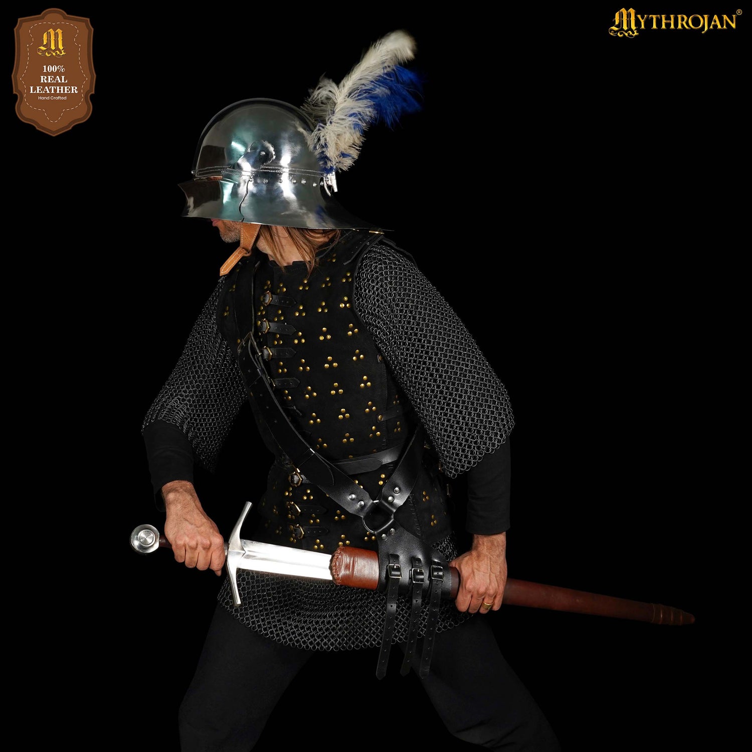 Mythrojan Baldric Leather Sword Belt Medieval Dagger Holster – Right Handed Black