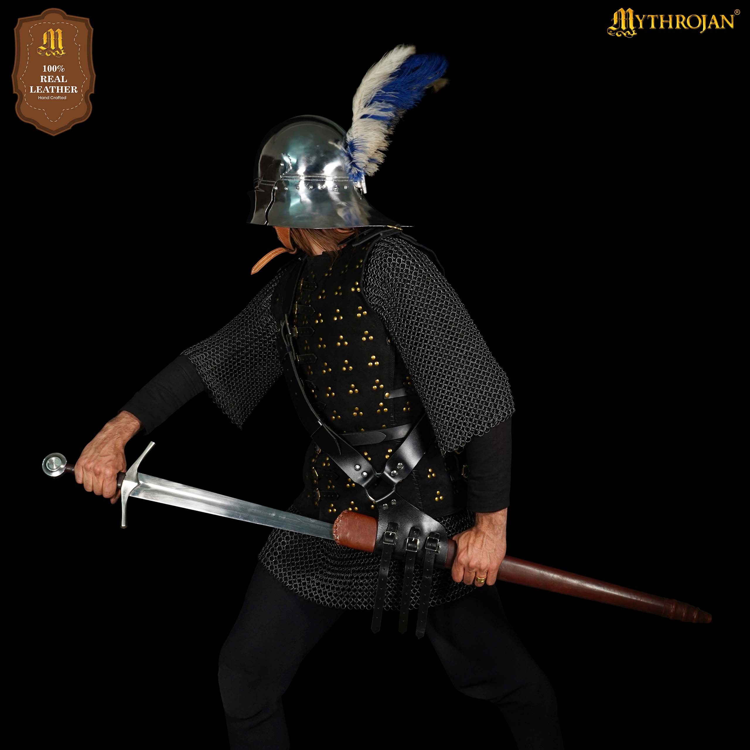 Mythrojan Baldric Leather Sword Belt Medieval Dagger Holster – Right Handed Black