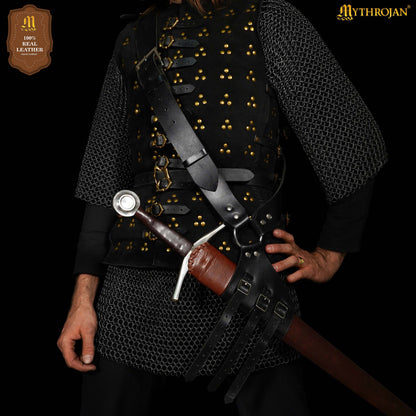 Mythrojan Baldric Leather Sword Belt Medieval Dagger Holster – Right Handed Black