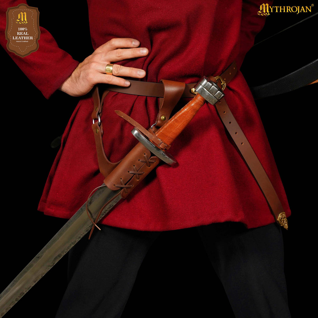 Mythrojan Medieval Leather Sword Frog Universal Rapier Broadsword &amp; Cutlass - Brown