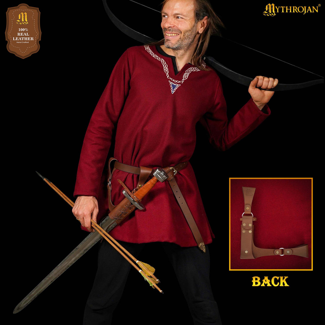 Mythrojan Medieval Leather Sword Frog Universal Rapier Broadsword &amp; Cutlass - Brown