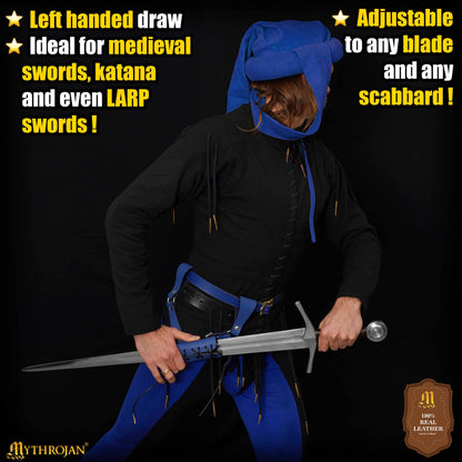 Mythrojan Medieval Right and Left Hand Leather Sword Frog Universal Rapier Broadsword and Cutlass - Blue, Large - 10&quot; X 10&quot;