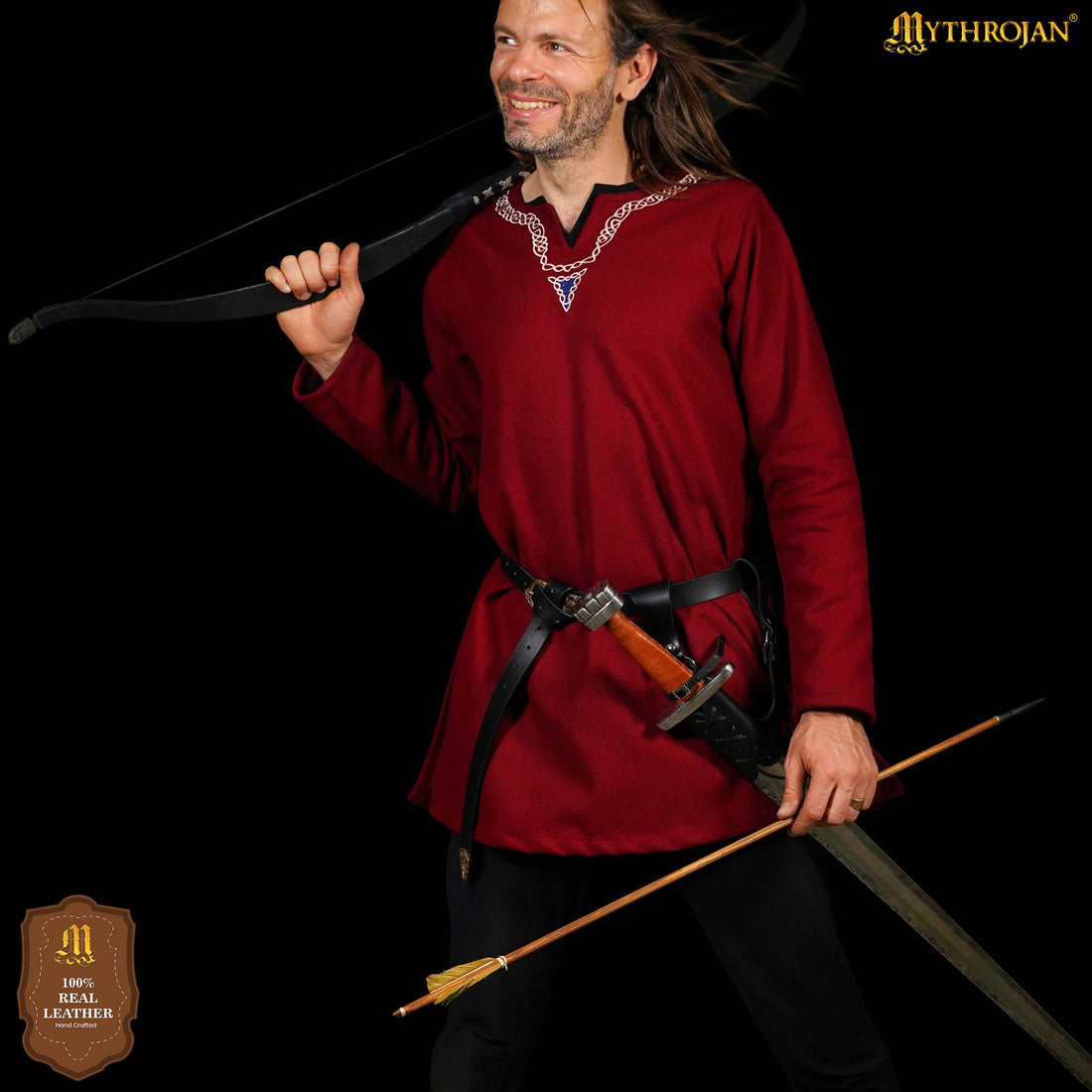 Mythrojan “Adventurer” RIGHT HANDED Frog, Ideal for Warrior Knight Vikings SCA LARP, Full Grain Leather, Black, 10”×10”