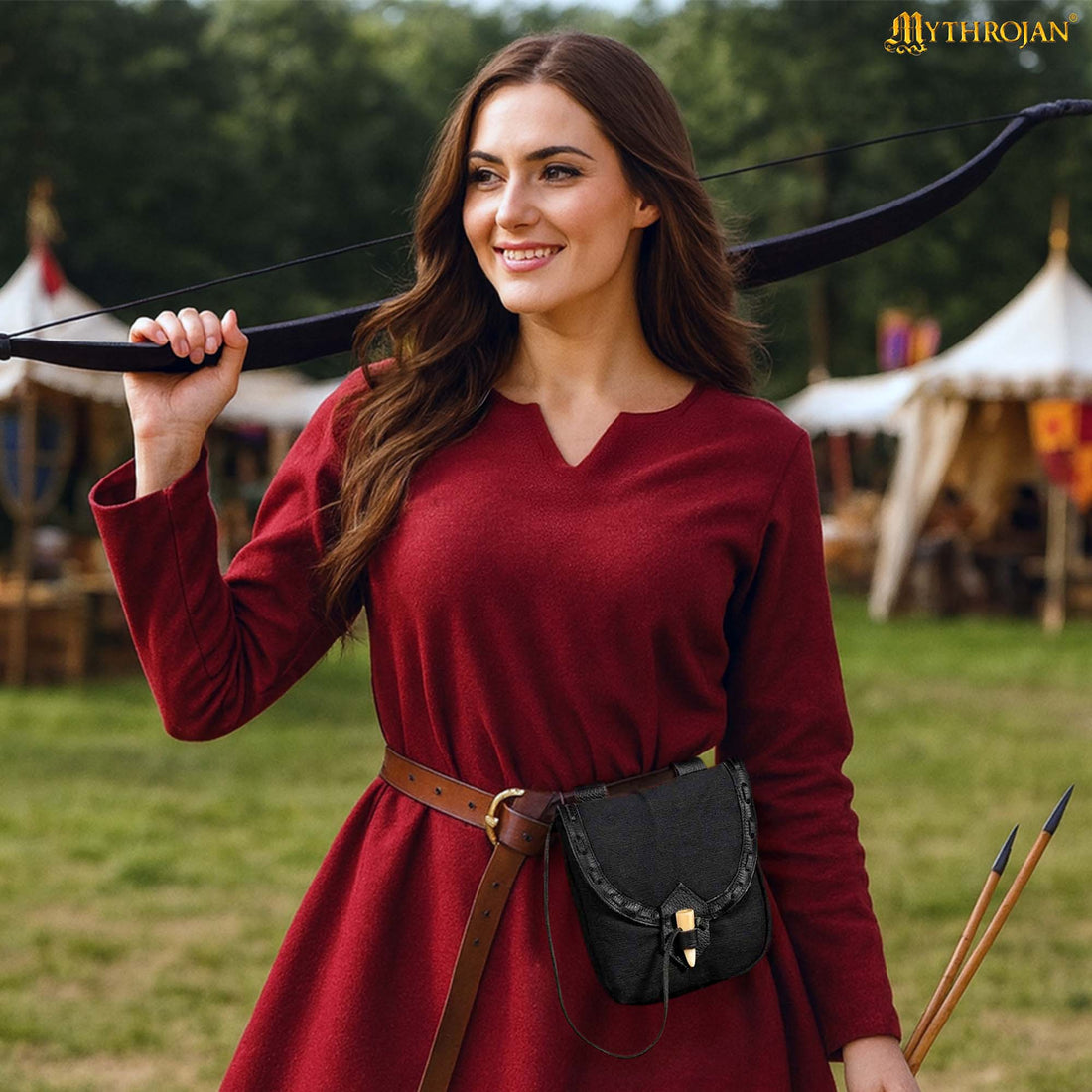 Mythrojan “The Adventurer’s” Belt Bag with Horn Toggle, Ideal for SCA LARP Reenactment &amp; Ren fair, Full Grain Leather and Handwoven Canvas , Black , 8” × 7”
