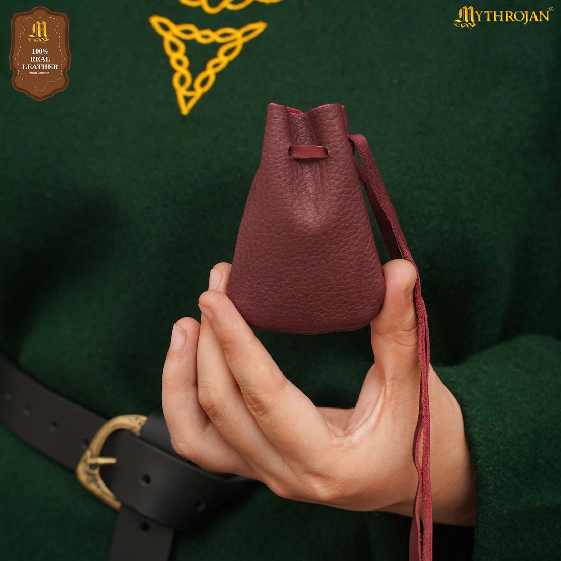 Mythrojan Pair of Medieval Drawstring Pouches, Ideal for SCA LARP Reenactment &amp; Ren fair - Suede Leather, Wine Red