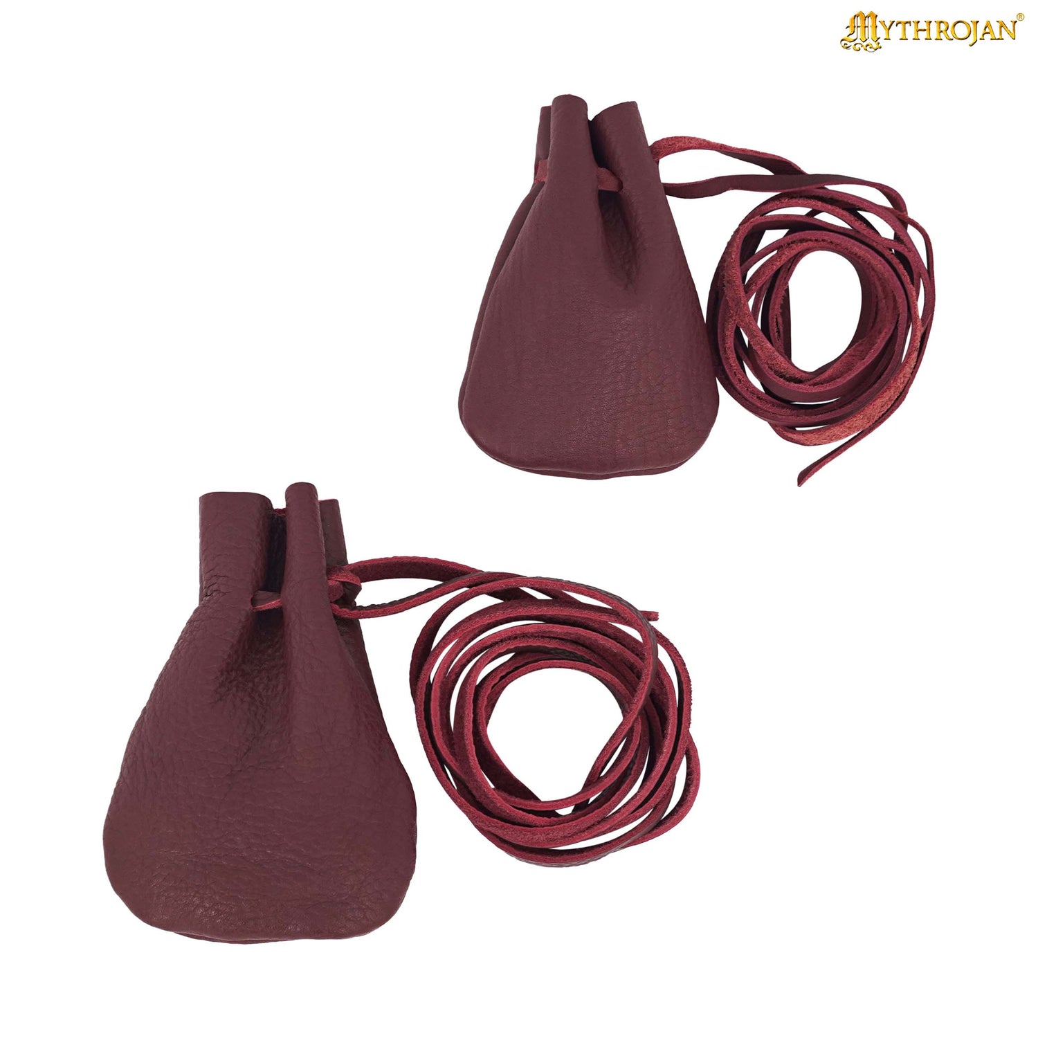 Mythrojan Pair of Medieval Drawstring Pouches, Ideal for SCA LARP Reenactment &amp; Ren fair - Suede Leather, Wine Red