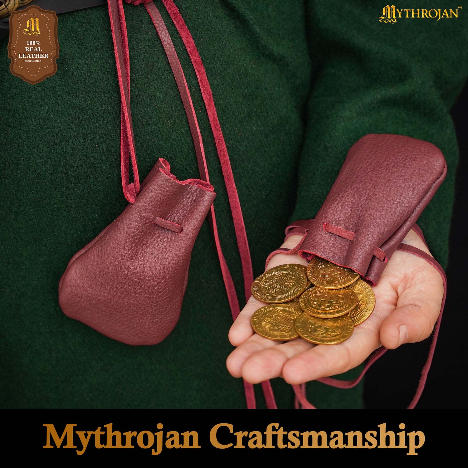 Mythrojan Pair of Medieval Drawstring Pouches, Ideal for SCA LARP Reenactment &amp; Ren fair - Suede Leather, Wine Red