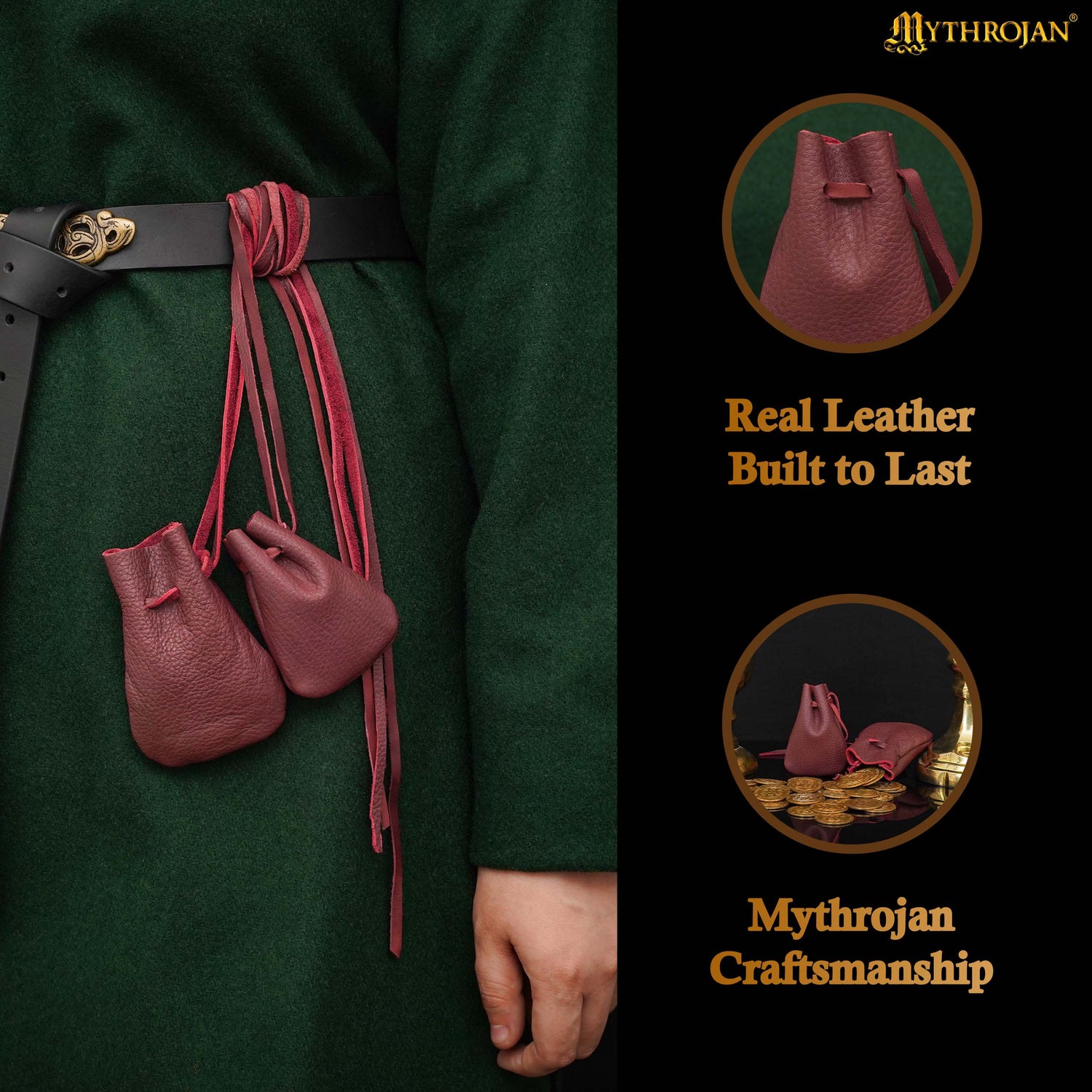 Mythrojan Pair of Medieval Drawstring Pouches, Ideal for SCA LARP Reenactment &amp; Ren fair - Suede Leather, Wine Red