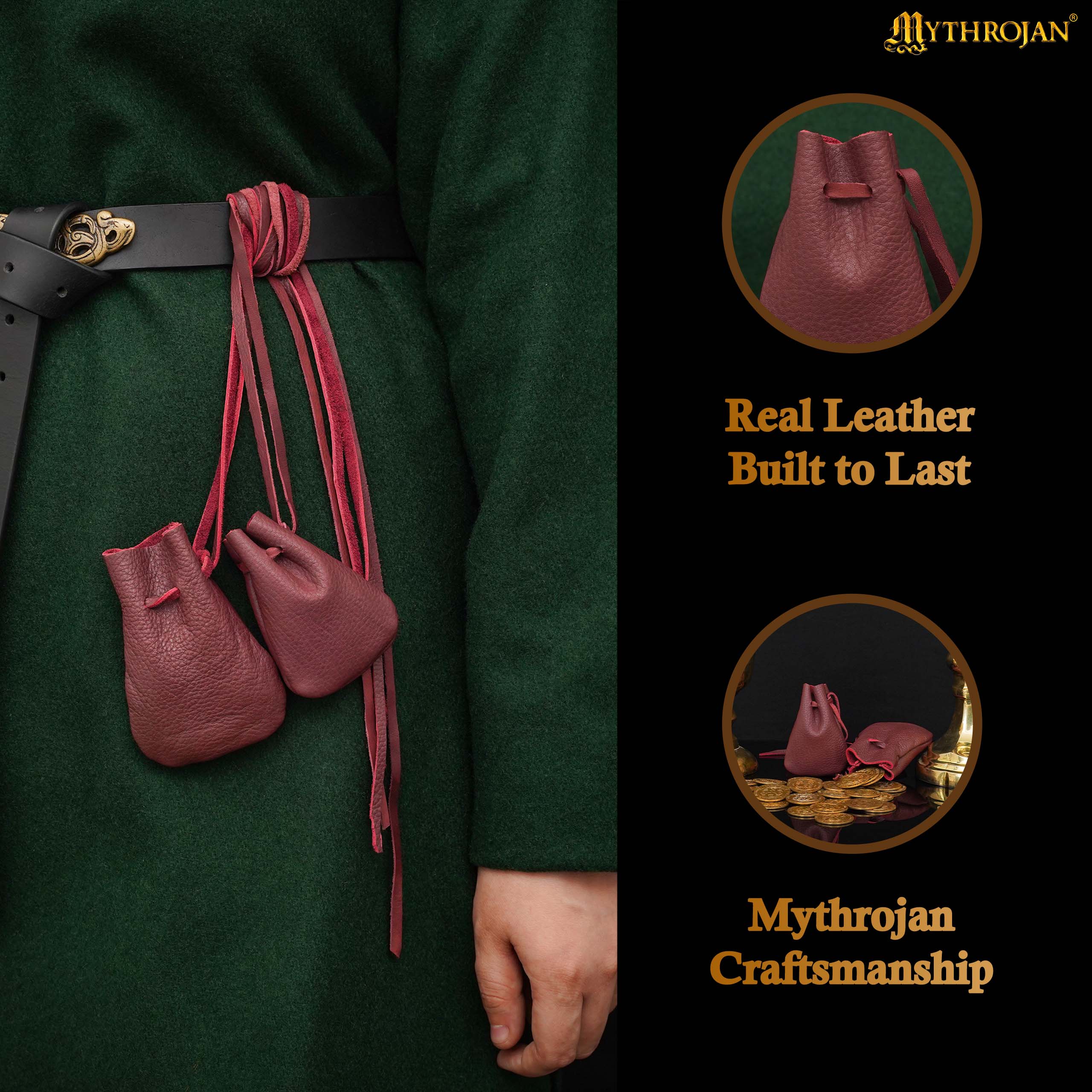 Mythrojan Pair of Medieval Drawstring Pouches, Ideal for SCA LARP Reenactment &amp; Ren fair - Suede Leather, Wine Red