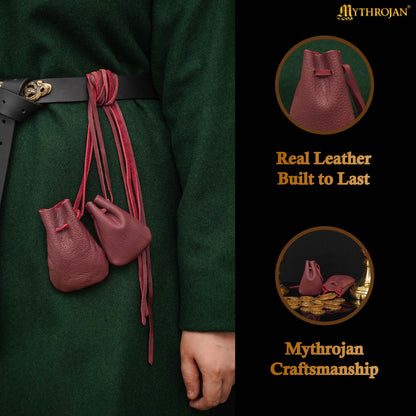 Mythrojan Pair of Medieval Drawstring Pouches, Ideal for SCA LARP Reenactment &amp; Ren fair - Suede Leather, Wine Red