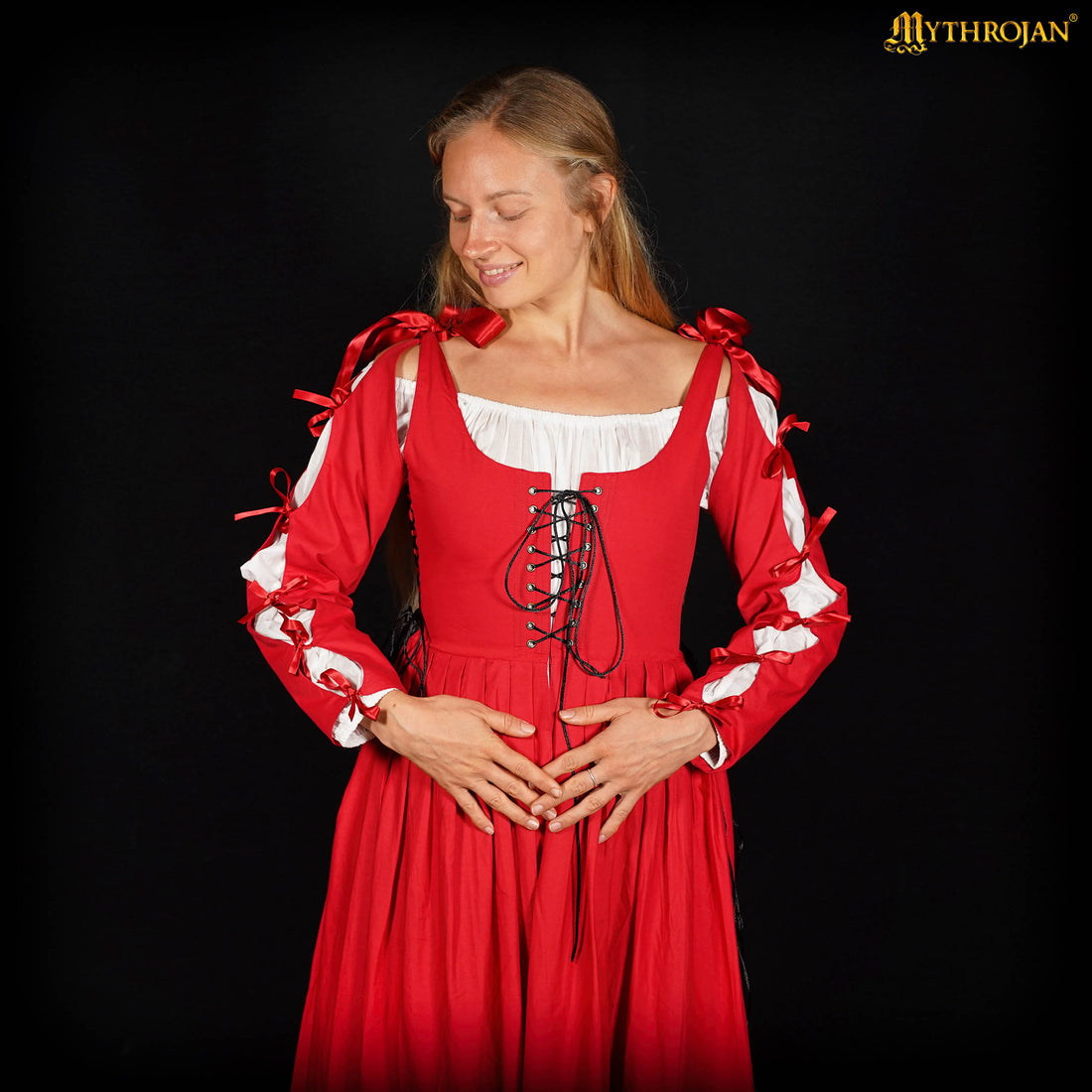 Mythrojan Renaissance Dresses for Women Medieval Costume Irish Long Over Dress Victorian Vintage Halloween - Red