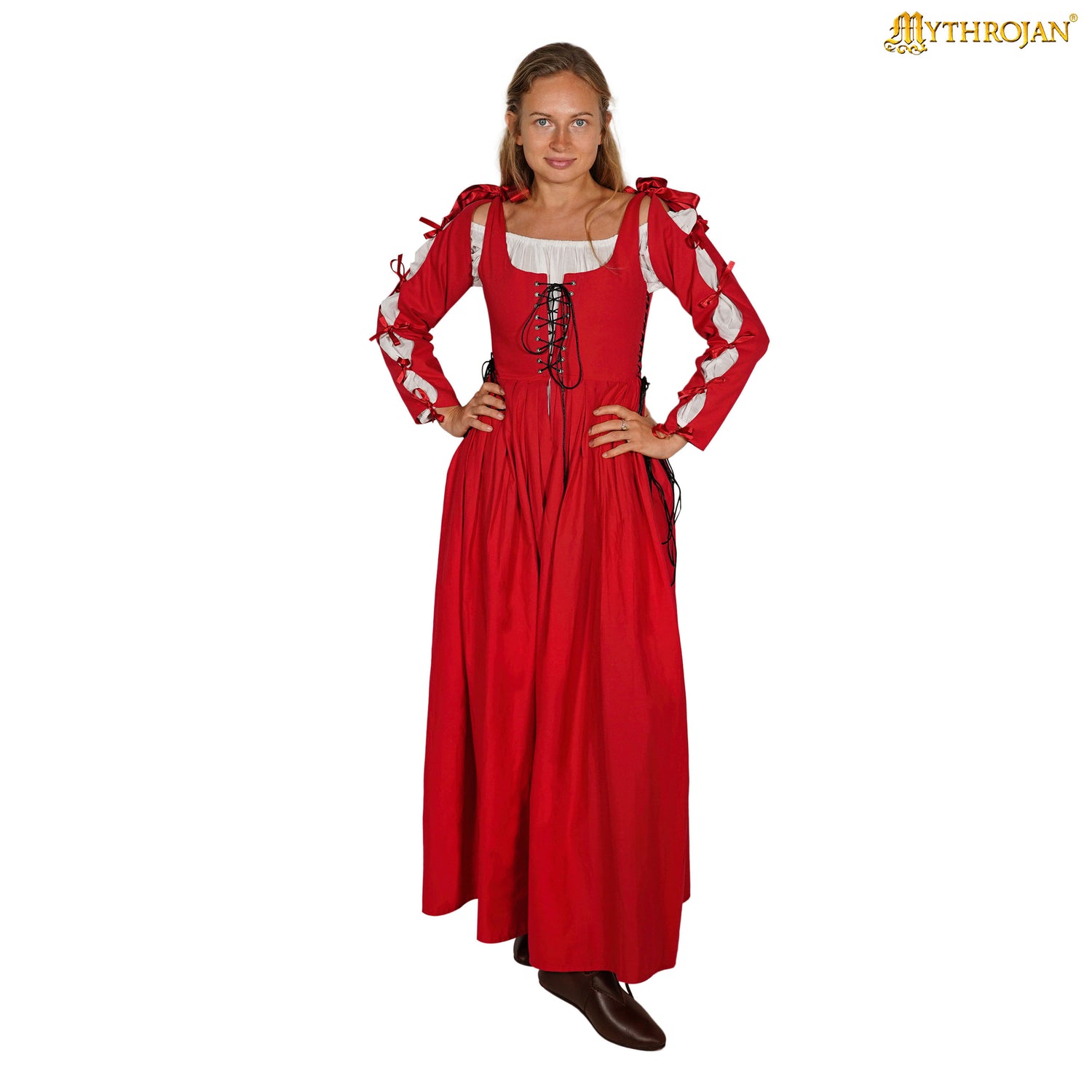 Mythrojan Renaissance Dresses for Women Medieval Costume Irish Long Over Dress Victorian Vintage Halloween - Red