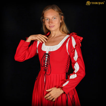 Mythrojan Renaissance Dresses for Women Medieval Costume Irish Long Over Dress Victorian Vintage Halloween - Red
