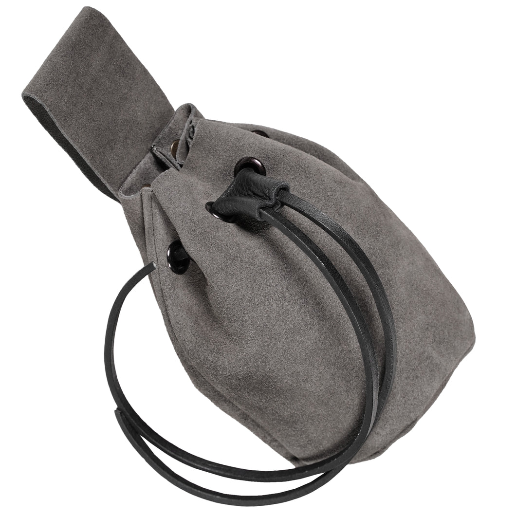 Mythrojan Medieval Drawstring Belt Bag, Ideal for SCA LARP Reenactment & Ren Fair, Suede Leather, Grey 6”×5”