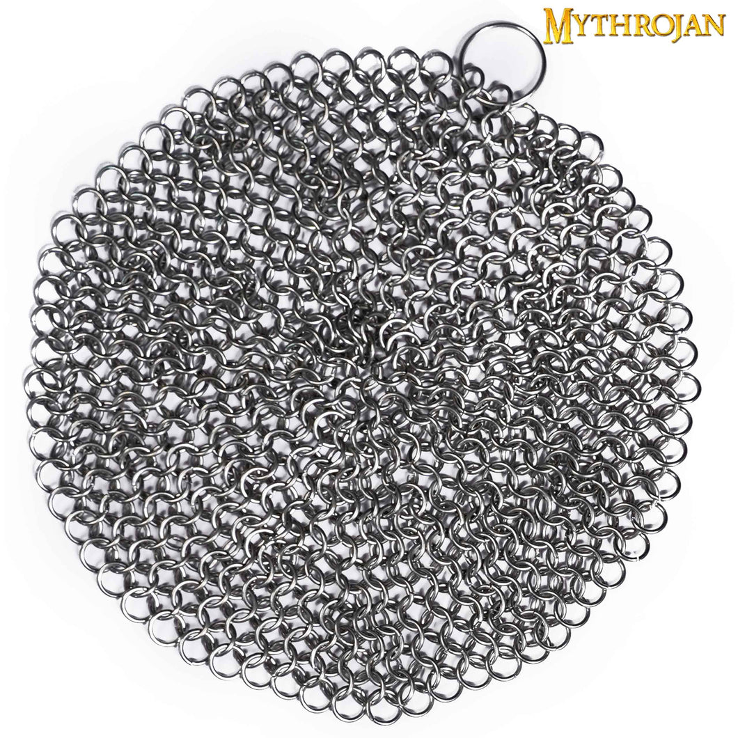 Mythrojan Chainmail Round Stainless Steel Scrubber, Ideal for Cleaning Cast Iron Skillet, Wok, Cooking Pot, Griddle or Cast Iron Cauldron Maintenance, Diameter: 7”