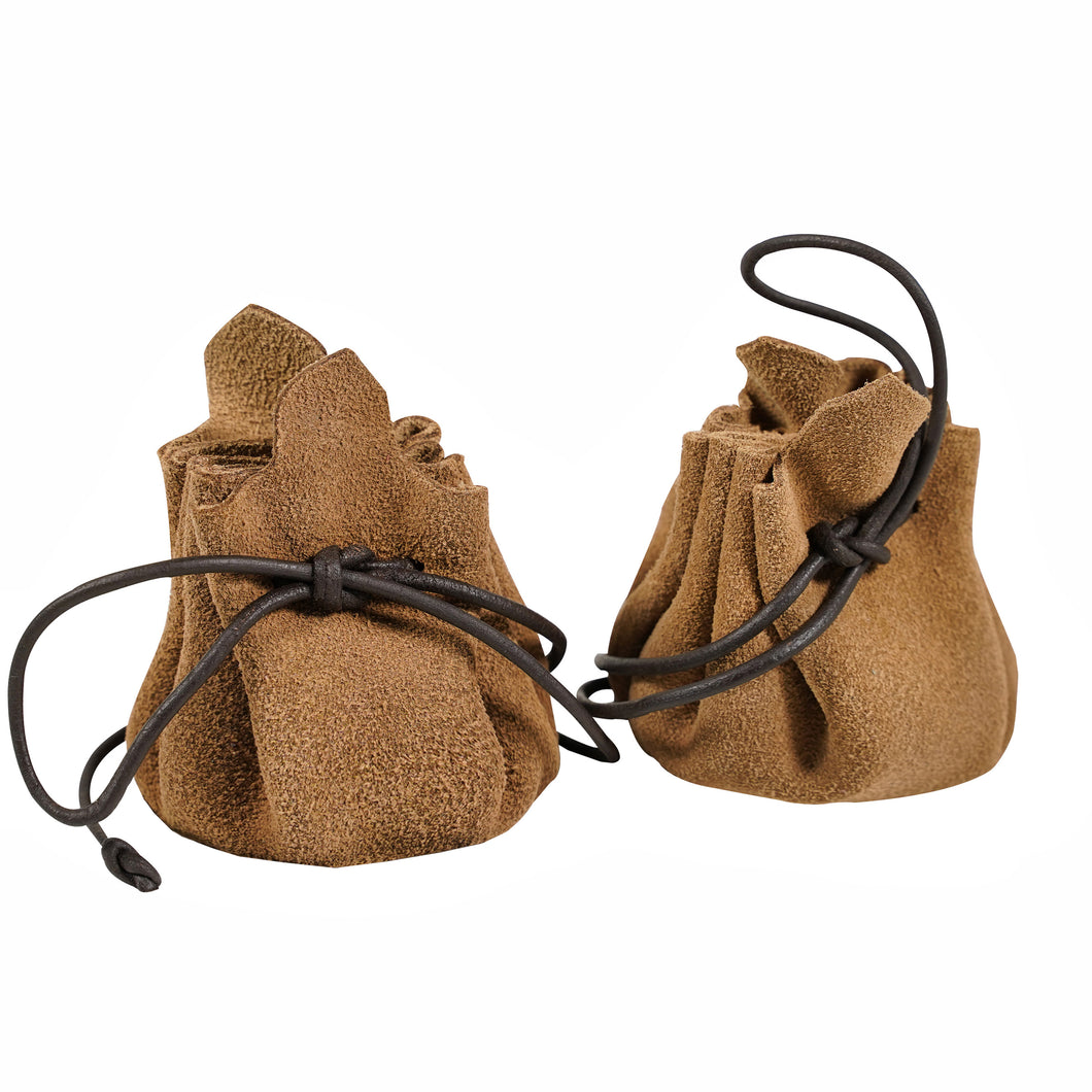 Mythrojan Pair of Medieval Drawstring Pouches, Ideal for SCA LARP Reenactment & Ren Fair-Suede Leather, Brown 3.5”×1.9”