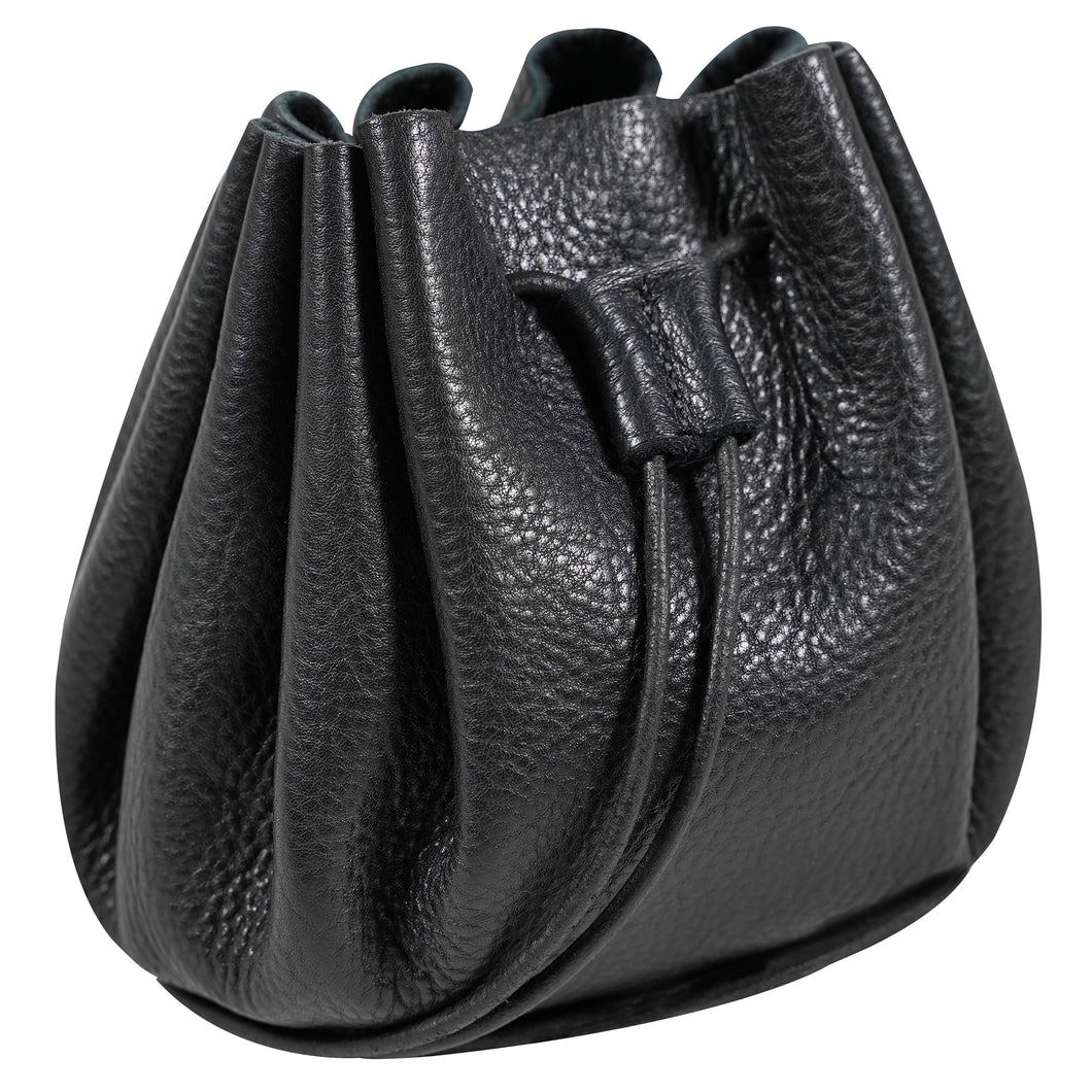 Mythrojan “Gold and Dice” Medieval Drawstring Bag, Ideal for SCA LARP Reenactment & Ren fair-Full Grain Leather, Black 3.5”