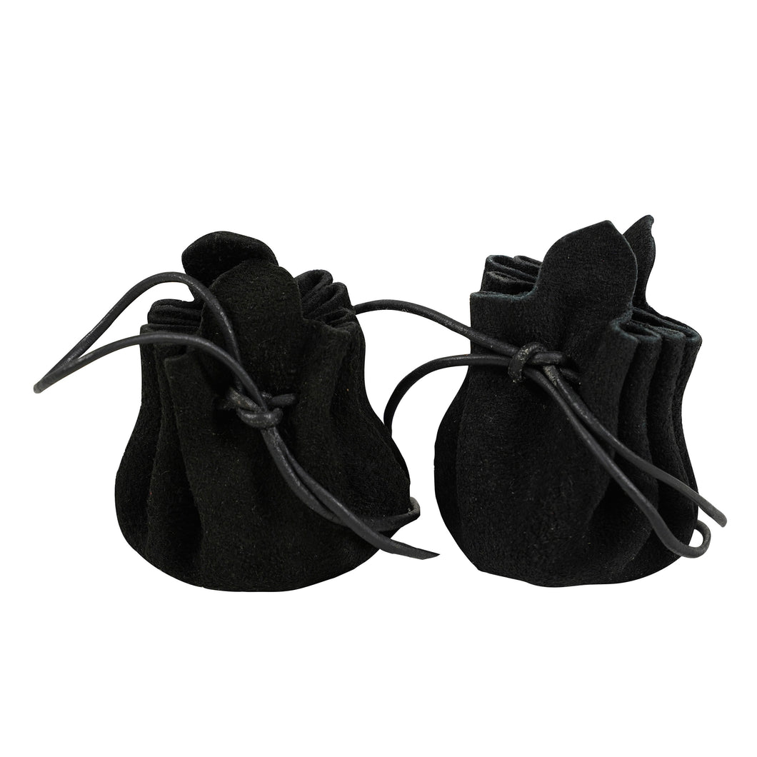 Mythrojan Pair of Medieval Drawstring Pouches, Ideal for SCA LARP Reenactment & Ren Fair-Suede Leather, Black 3.5”×1.9”