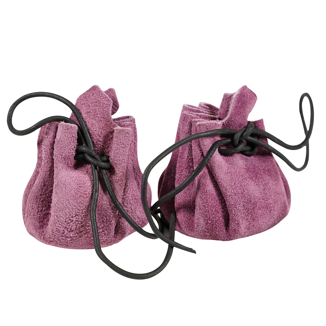 Mythrojan Pair of Medieval Drawstring Pouches, Ideal for SCA LARP Reenactment & Ren Fair-Suede Leather, Purple 3.5”×1.9”