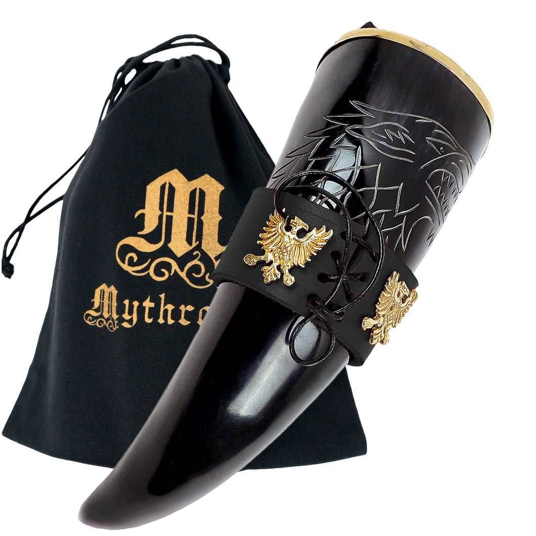 Mythrojan THE KING OF THE NORTH - Viking Drinking Horn with Leather Holder - Polished Finish