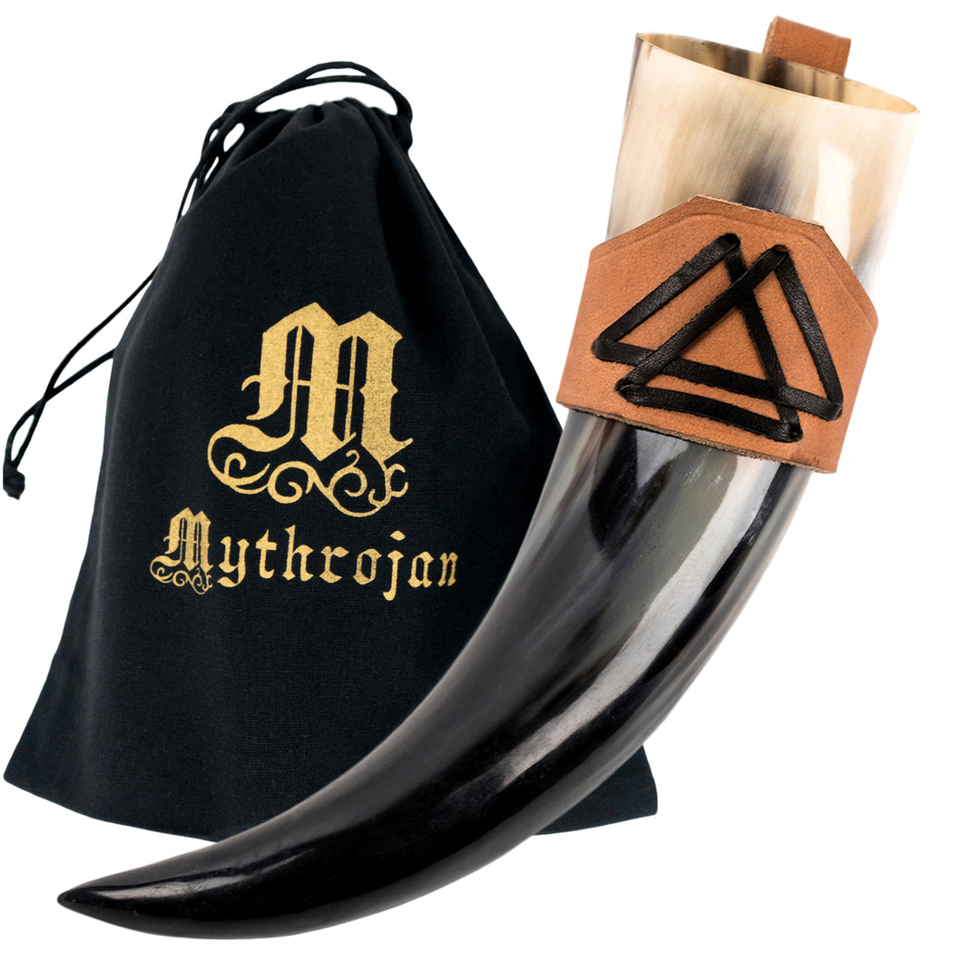 Mythrojan Viking Drinking Horn with Unique Leather Holder Authentic Medieval Inspired Viking Wine/Mead Mug - Polished Finish