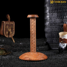 mythrojan-wooden-helmet-stand-solid-medieval-roman-viking-helmet-display-stand-mask-display-templar-spartan-cosplay-larp-knight-stand-brown
