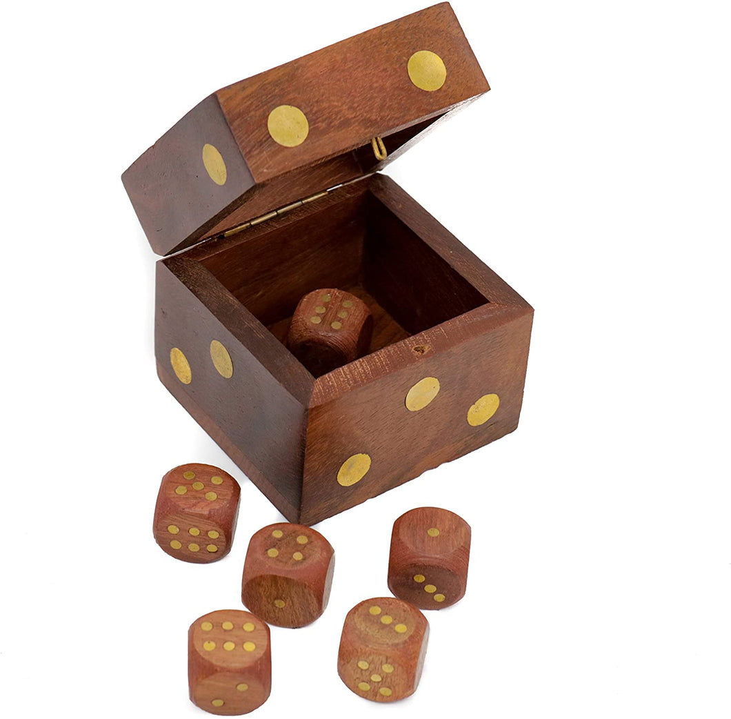 Mythrojan Wooden Tic Tac Desktop/Travel Board Game - Set of 5 Dice with Square Storage Box