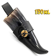 mythrojan-small-drinking-horn-with-black-leather-holder-authentic-medieval-inspired-viking-wine-mead-mug-150ml