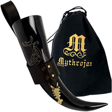 mythrojan-in-the-name-of-the-king-viking-drinking-horn-with-black-leather-holder-authentic-medieval-inspired-viking-wine-mead-mug-polished-finish