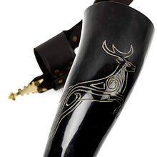 mythrojan-in-the-name-of-the-king-viking-drinking-horn-with-black-leather-holder-authentic-medieval-inspired-viking-wine-mead-mug-polished-finish
