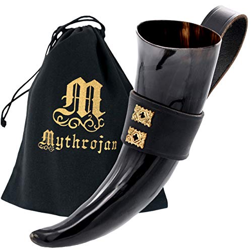 Mythrojan THE WEALTHY MERCHANT - Viking Drinking Horn with Black Leather holder Authentic Medieval Inspired Viking Wine/Mead Mug - Polished Finish