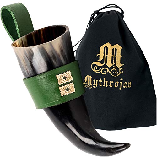 Mythrojan THE WEALTHY MERCHANT - Viking Drinking Horn with Green Leather holder Authentic Medieval Inspired Viking Wine/Mead Mug - Polished Finish