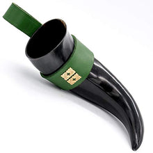 mythrojan-the-wealthy-merchant-viking-drinking-horn-with-green-leather-holder-authentic-medieval-inspired-viking-wine-mead-mug-polished-finish