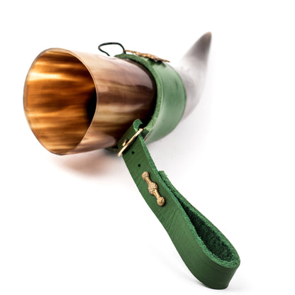 Mythrojan&quot;THE ELEGANT LADY&quot; Viking Drinking Horn with Leather Holder Authentic Medieval Inspired Viking Wine/Mead Mug - Polished Finish - 250 ML / Green