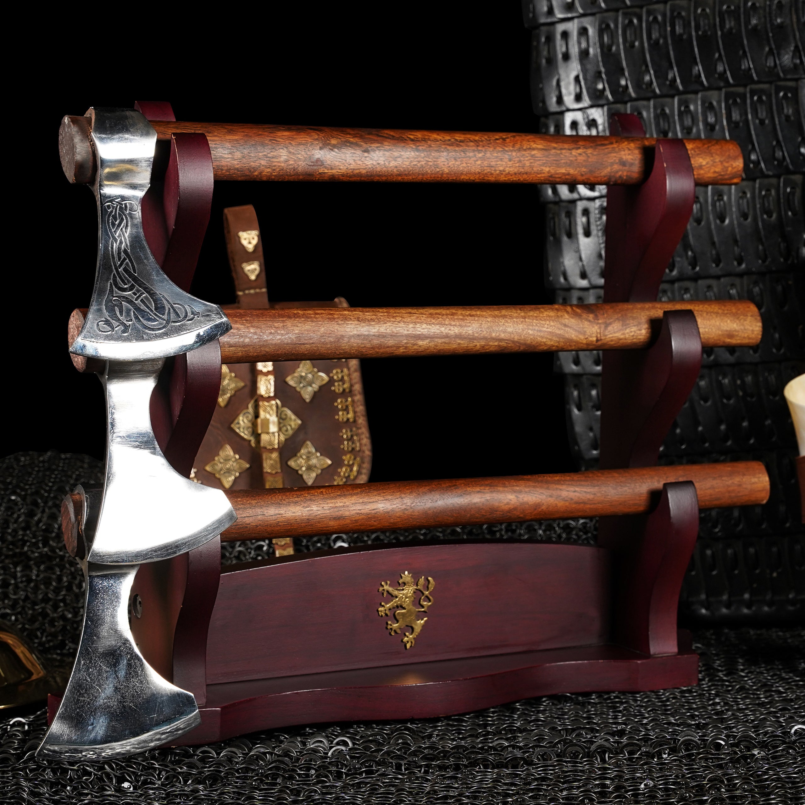 Porte-épées Horizontal En Bois Massif Mythrojan - Présentoir à 3 Niveaux Pour Katana, épées Médiévales, Décoration Table