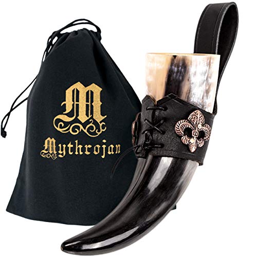 Mythrojan THE KNIGHT OF REALM Viking Drinking Horn with Black Leather Holder Authentic Medieval Inspired Viking Wine/Mead Mug - Polished Finish - 250 ML