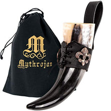 mythrojan-the-knight-of-realm-viking-drinking-horn-with-black-leather-holder-authentic-medieval-inspired-viking-wine-mead-mug-polished-finish-250-ml