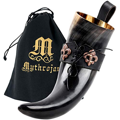 Mythrojan THE KNIGHT OF REALM Viking Drinking Horn with Black Leather Holder Authentic Medieval Inspired Viking Wine/Mead Mug - Polished Finish - 600 ML