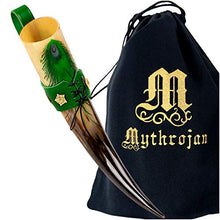 mythrojan-the-lady-of-high-garden-viking-drinking-horn-with-green-leather-holder-authentic-medieval-inspired-viking-wine-mead-mug-polished-finish